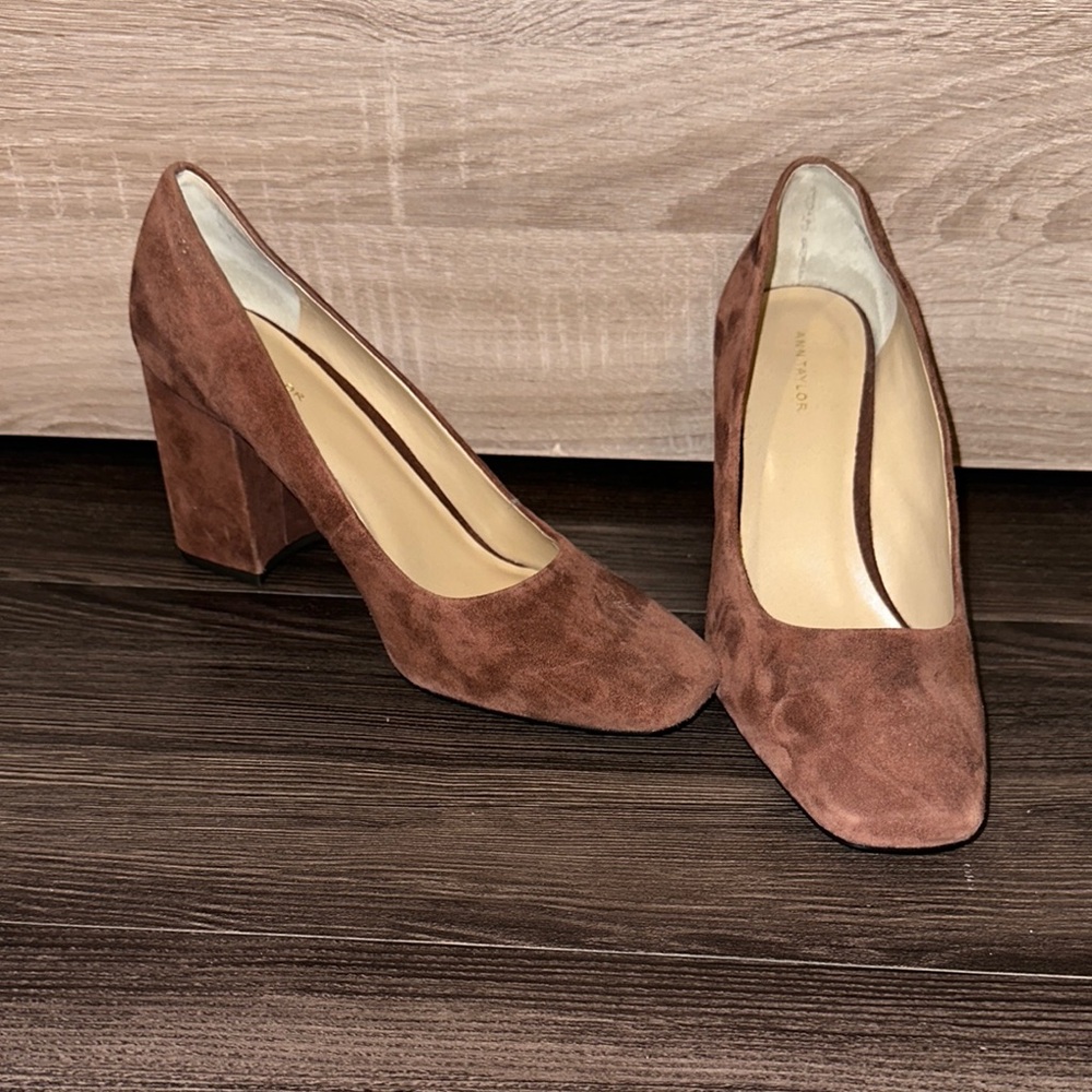 Brown Suede Block Heel Pumps
